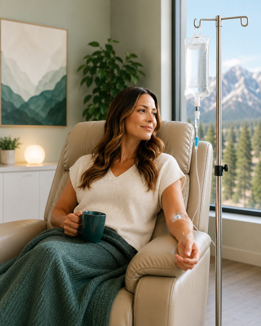 A guest relaxing during an IV therapy session in the Amazing Meds lounge with a mountain view