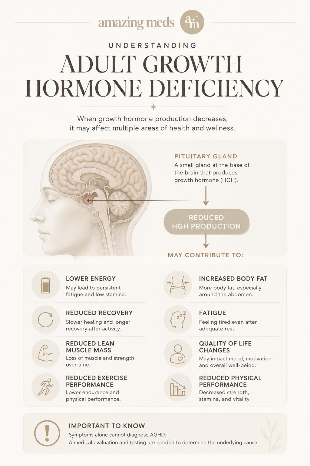 Infographic explaining adult growth hormone deficiency, including reduced HGH production, common symptoms, body composition changes, fatigue, recovery issues, and quality of life effects.