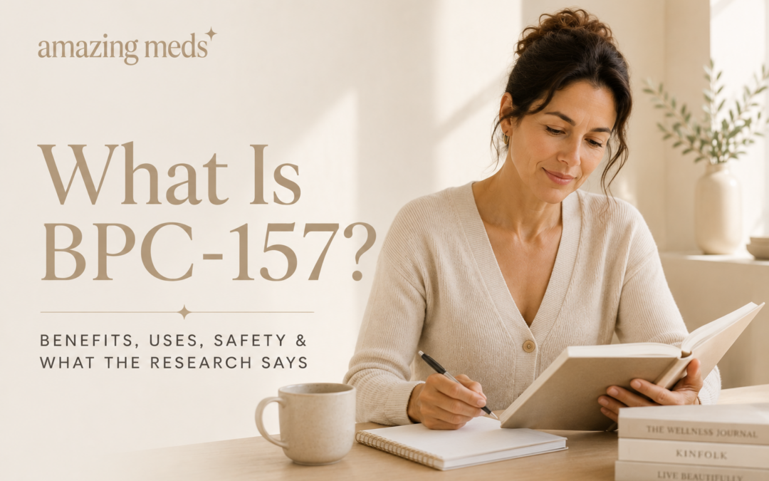 Featured image of a healthy middle-aged woman representing evidence-based wellness and peptide education alongside the title "What Is BPC-157? Benefits, Uses, Safety & What the Research Says."