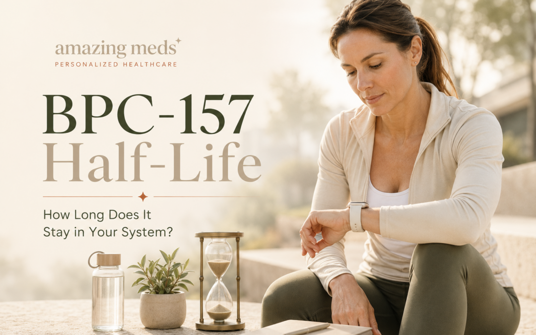 Woman checking her smartwatch after exercise, illustrating the concept of BPC-157 half-life and how long the peptide may stay in the body.