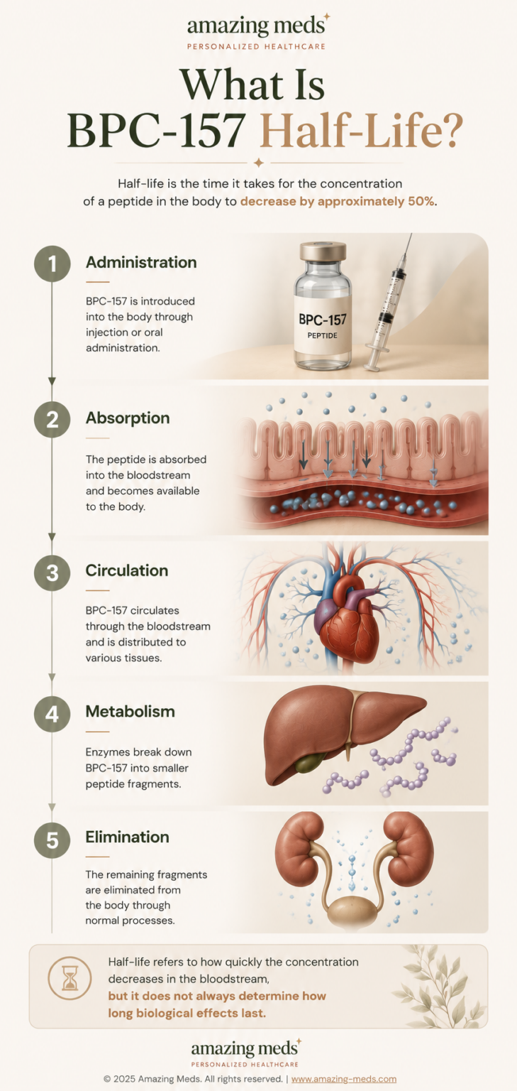 Infographic explaining the half-life of BPC-157, including administration, absorption, circulation, metabolism, and elimination, and how half-life differs from biological activity.