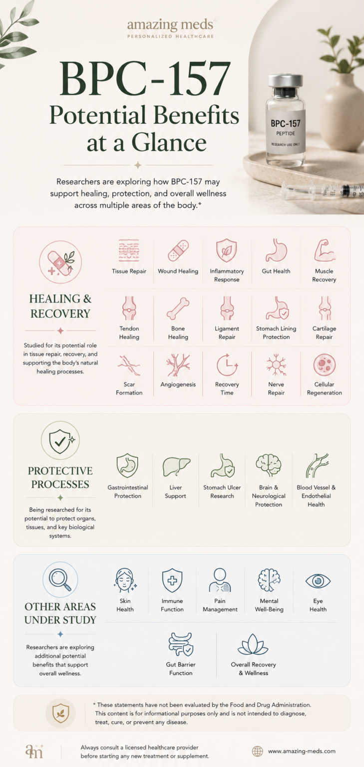Lengthwise infographic summarizing the potential benefits of BPC-157 under research, including healing and recovery, protective processes, and other wellness areas using clean medical illustrations in Amazing Meds' editorial style.