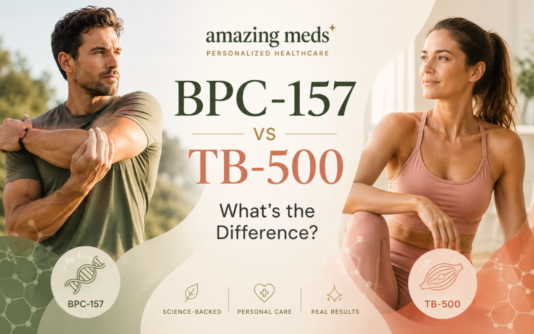Lifestyle featured image comparing BPC-157 and TB-500, showing two active adults representing different peptide therapy approaches in a clean, premium healthcare setting.