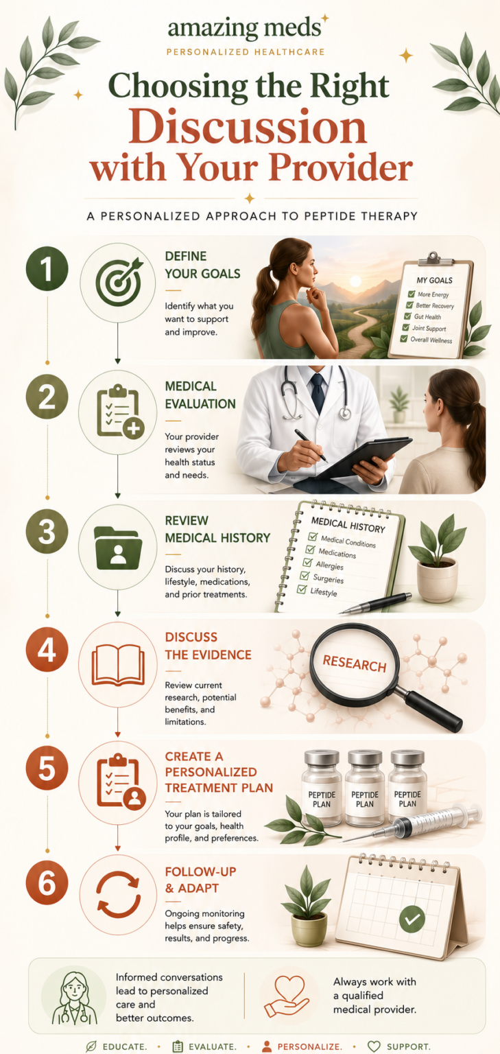 Lengthwise infographic illustrating the patient journey for discussing BPC-157 and TB-500 with a healthcare provider, including health goals, medical evaluation, evidence review, personalized treatment planning, and ongoing follow-up.