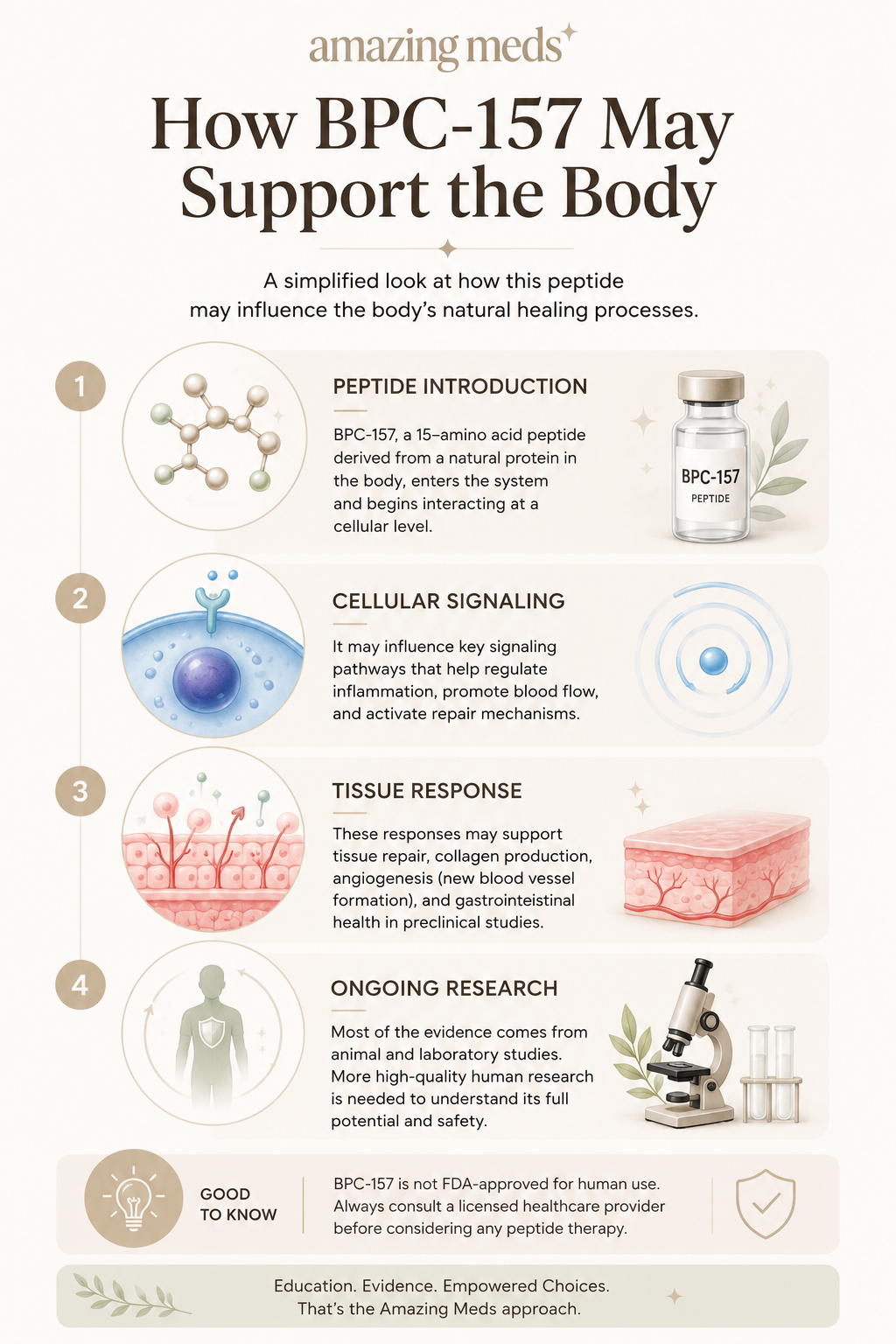 Lengthwise infographic illustrating how BPC-157 may support the body's natural healing processes through cellular signaling, tissue response, and ongoing scientific research, while noting that BPC-157 is not FDA-approved for human use.
