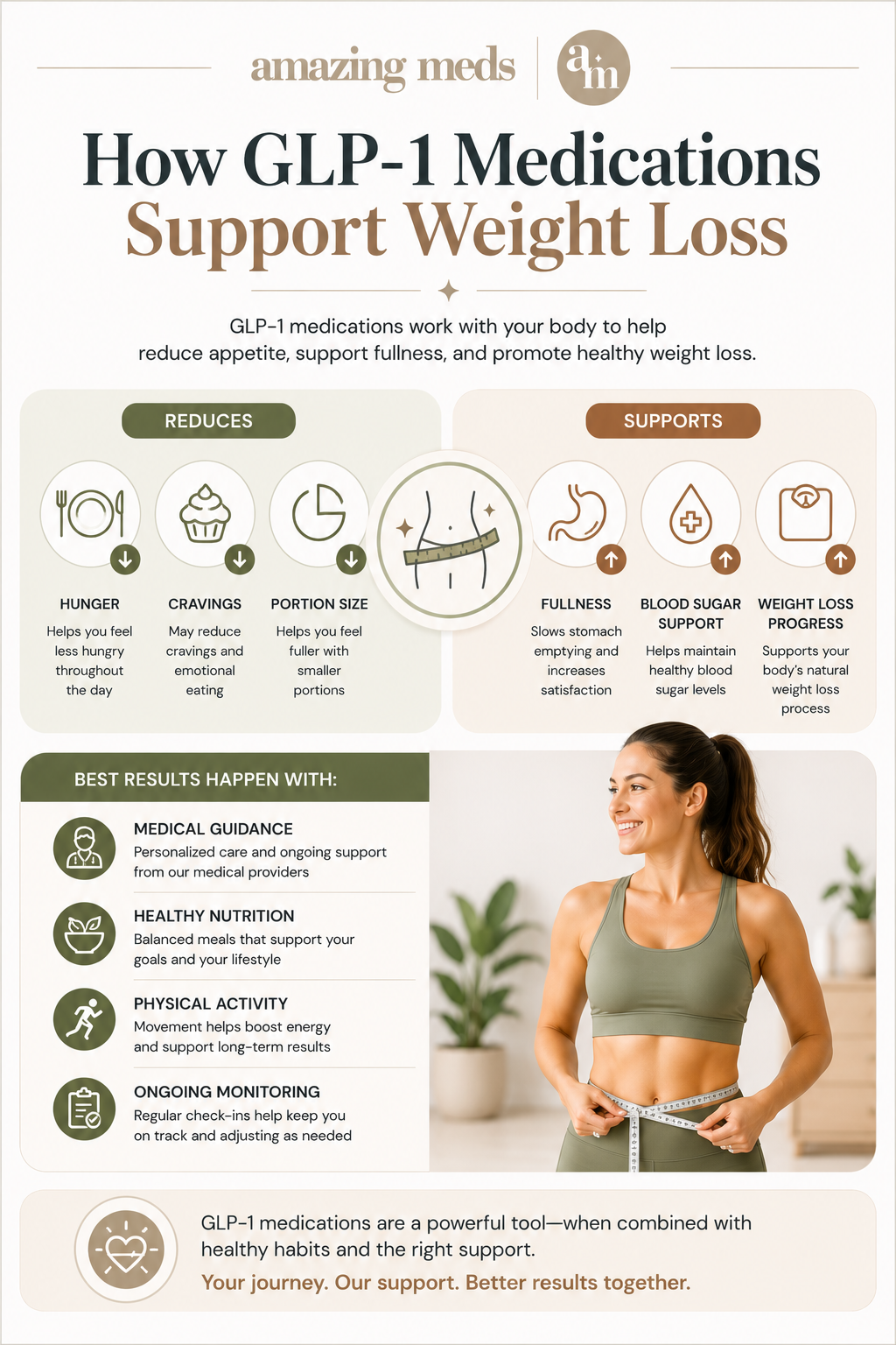 Infographic explaining how GLP-1 medications support weight loss by reducing hunger and cravings while improving fullness, blood sugar support, and weight loss progress.