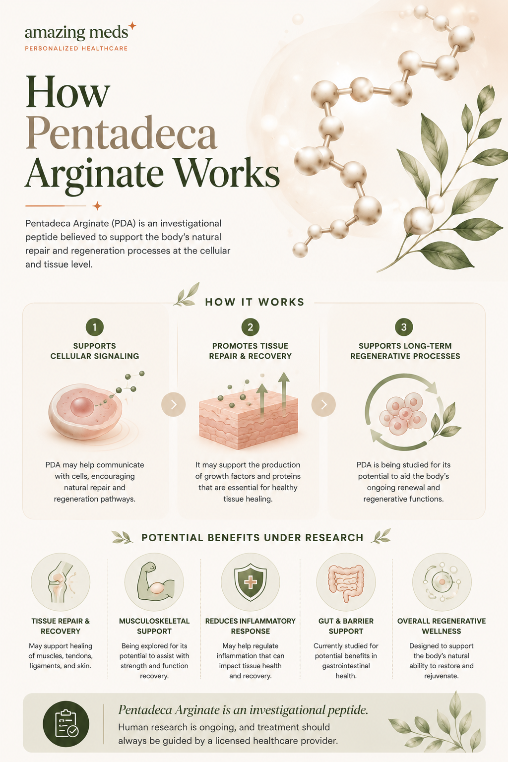 Infographic illustrating how Pentadeca Arginate may work by supporting cellular signaling, tissue repair, regenerative processes, and areas of ongoing scientific research.