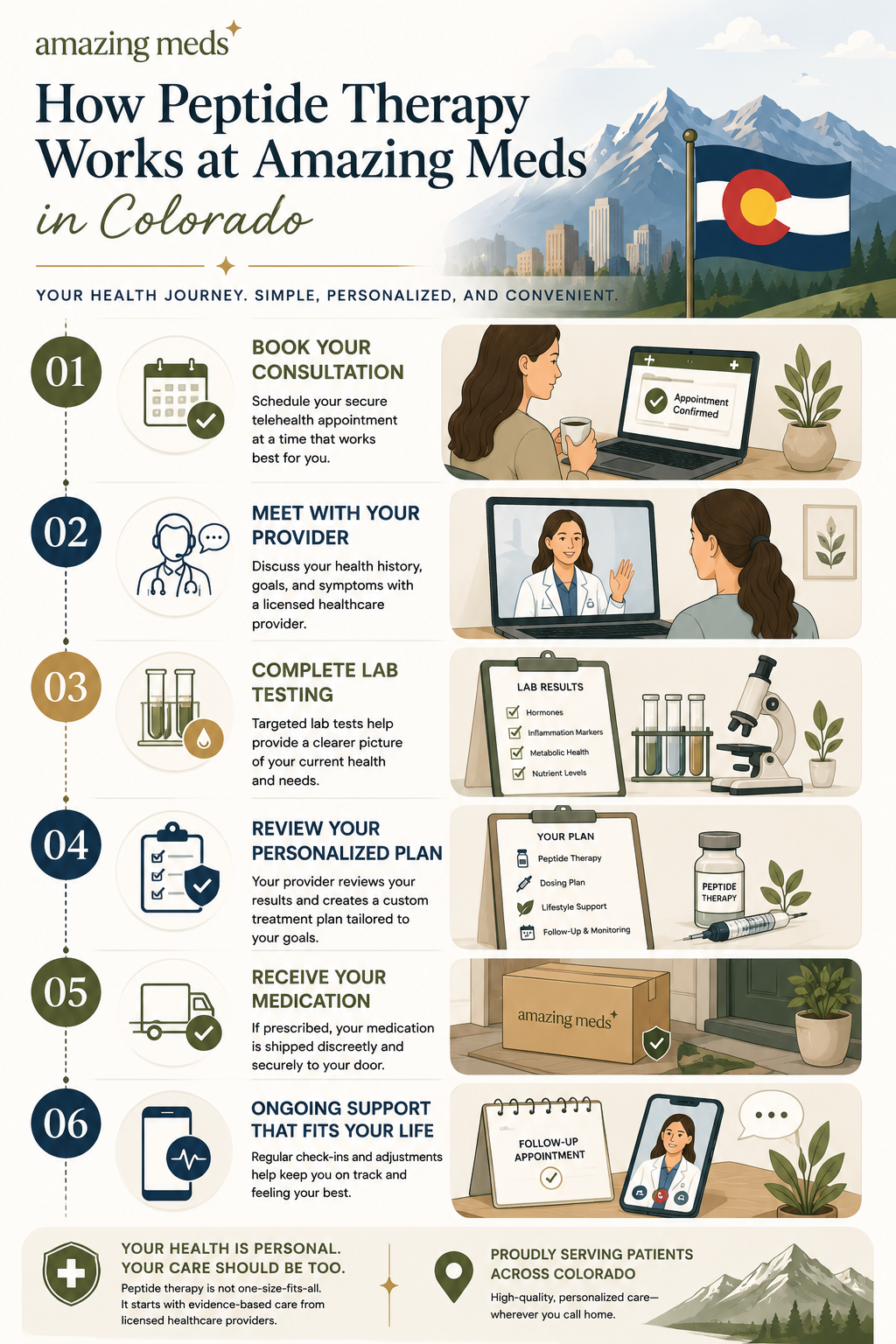 Lengthwise illustrated infographic showing the step-by-step peptide therapy process in Colorado, including booking a consultation, meeting with a healthcare provider, laboratory testing, personalized treatment planning, receiving prescribed medication when appropriate, and ongoing medical support.