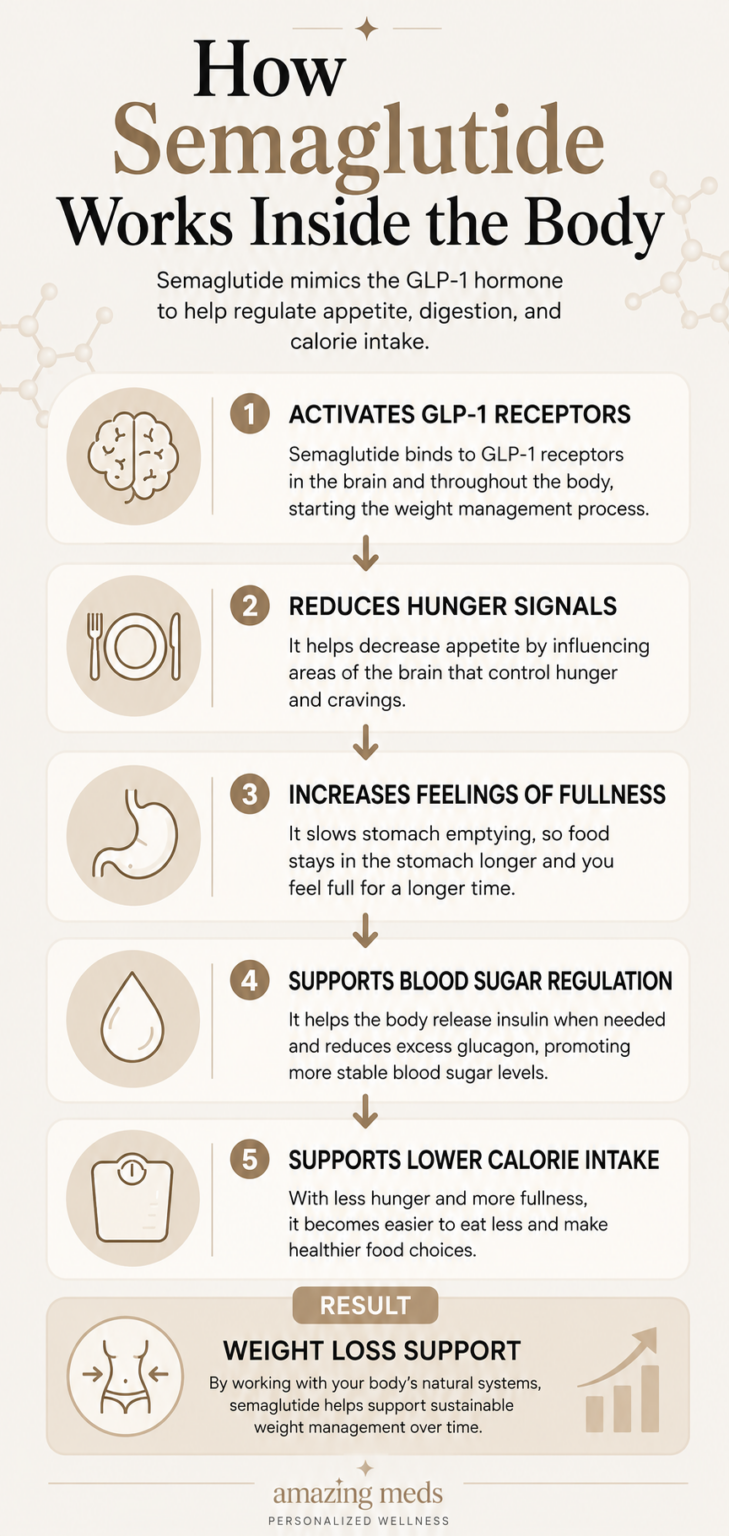 how semaglutide works inside the body by activating GLP-1 receptors, reducing hunger, increasing fullness, supporting blood sugar regulation, and lowering calorie intake.