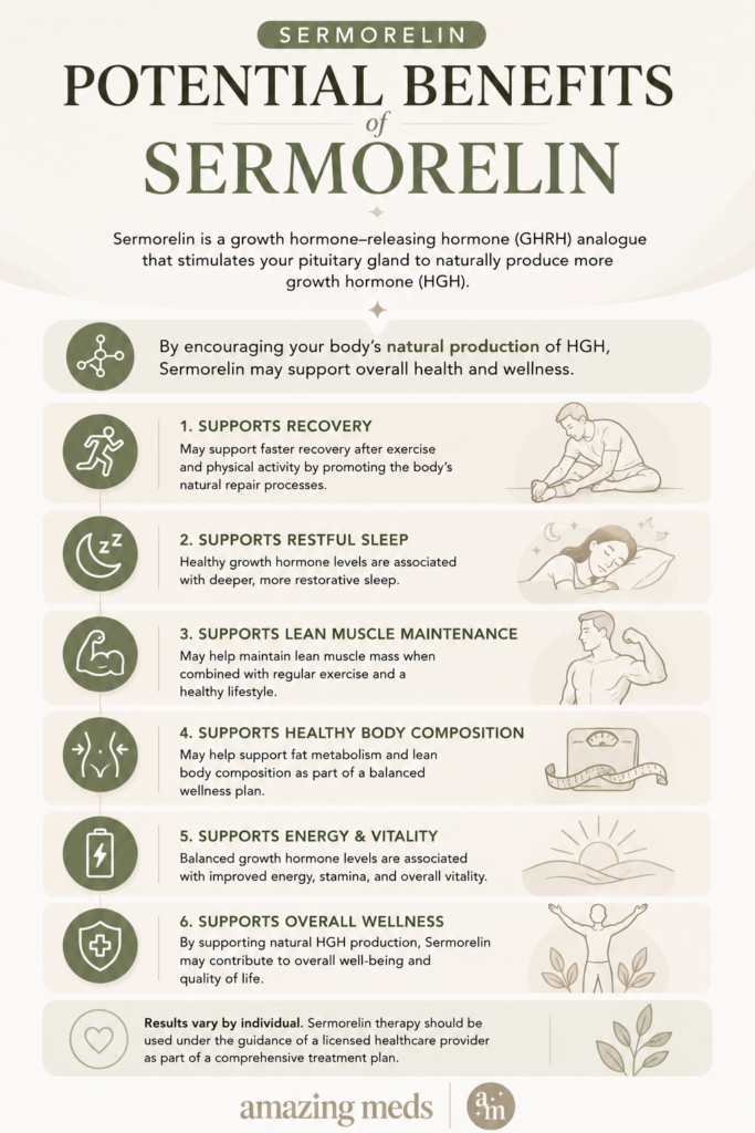 Infographic highlighting the potential benefits of Sermorelin, including natural growth hormone production, recovery, sleep quality, lean muscle maintenance, healthy body composition, energy, and overall wellness.