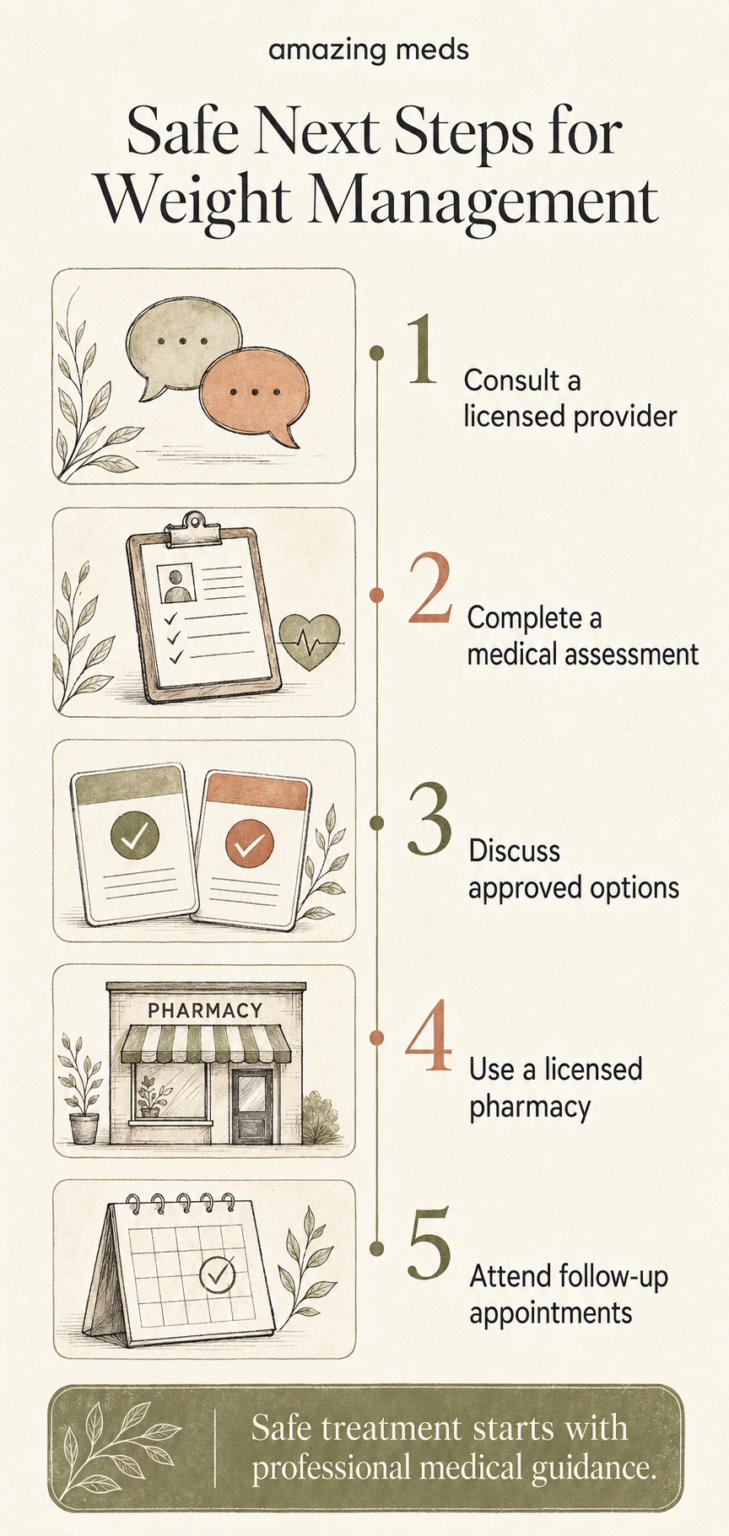 Infographic showing five safe steps for weight management, from consulting a licensed provider to attending follow-up appointments.