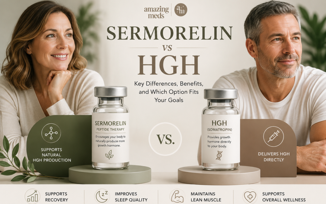 Featured image comparing Sermorelin and HGH (Somatropin), highlighting their differences in growth hormone support, treatment approach, potential benefits, and which option may fit individual health goals.