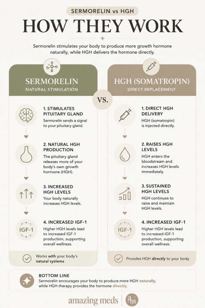 Infographic comparing Sermorelin and HGH (Somatropin), showing how Sermorelin stimulates the pituitary gland to increase natural growth hormone production while HGH provides direct hormone replacement.