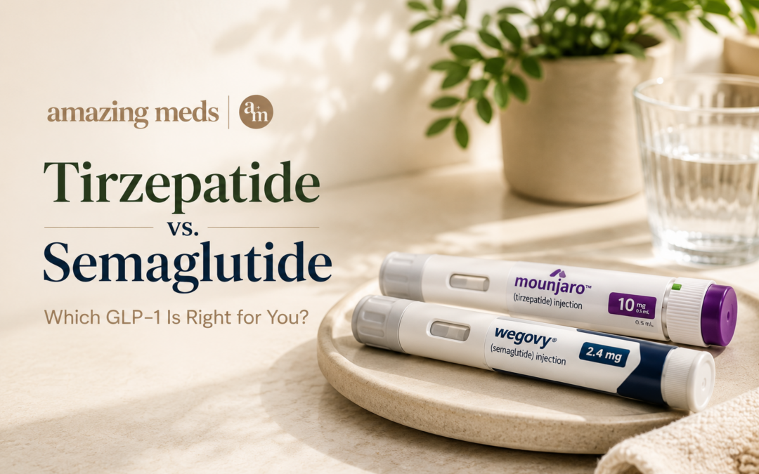 Infographic comparing semaglutide and tirzepatide for weight loss, including mechanism of action, average weight loss, dosing, approvals, side effects, and best use.