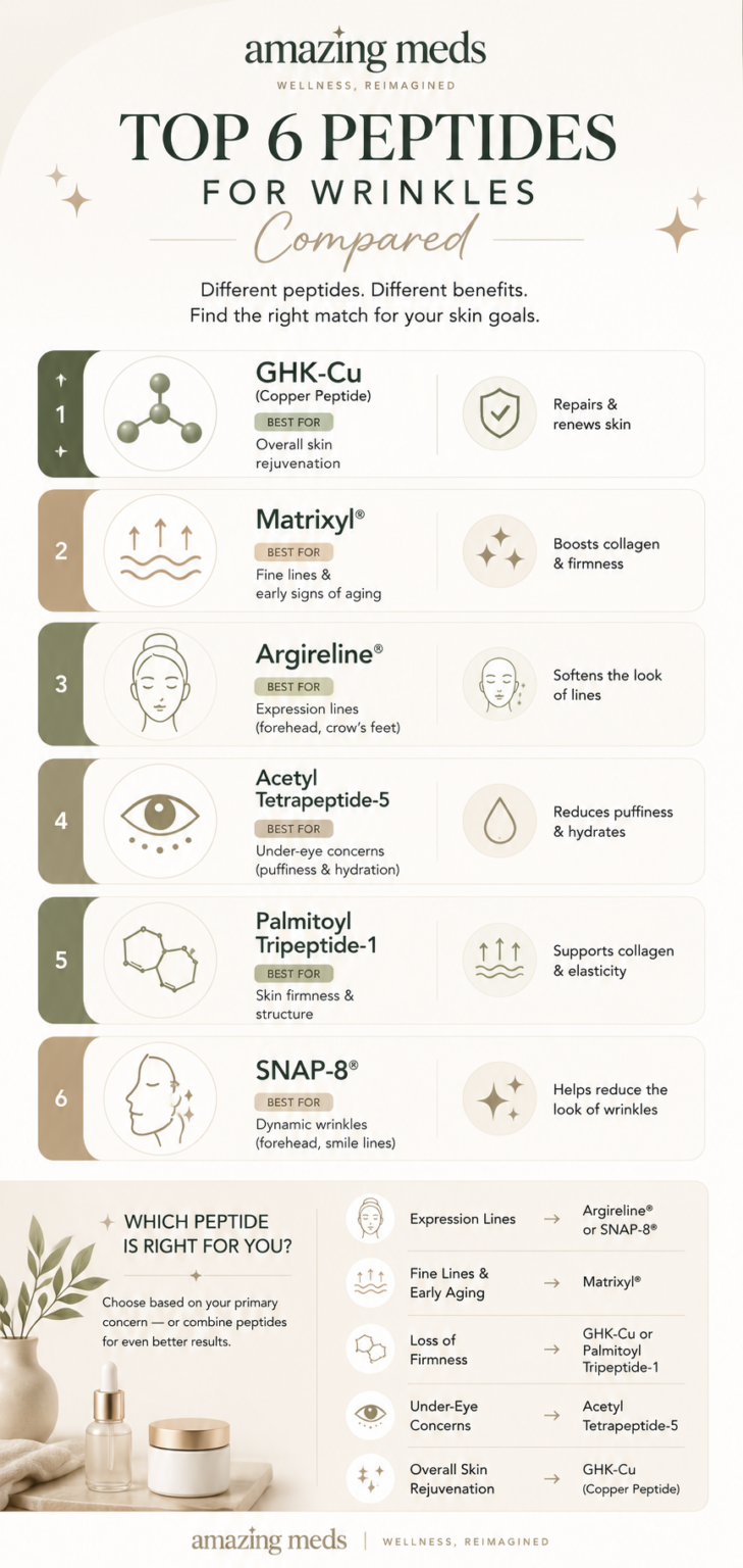 Lengthwise infographic comparing six popular anti-aging peptides including GHK-Cu, Matrixyl, Argireline, Acetyl Tetrapeptide-5, Palmitoyl Tripeptide-1, and SNAP-8, showing their best uses and key skin benefits.