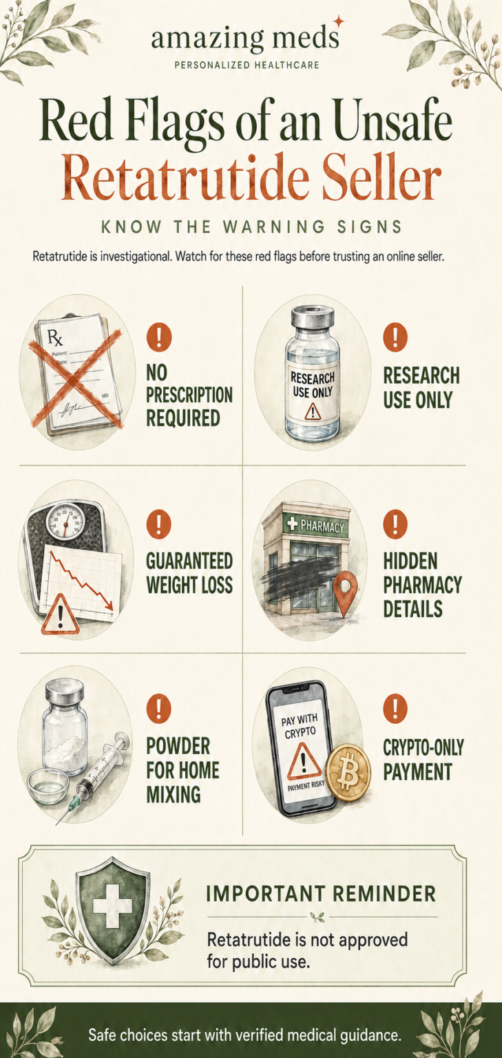 Infographic showing warning signs of unsafe retatrutide sellers, including no prescription, research-use labels, guaranteed weight loss, and hidden pharmacy details.
