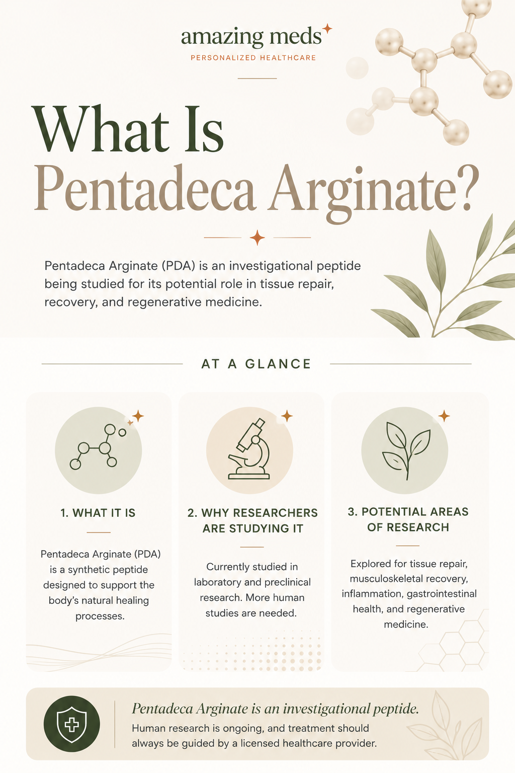 Infographic explaining what Pentadeca Arginate is, why researchers are studying it, and its potential areas of research in regenerative medicine.